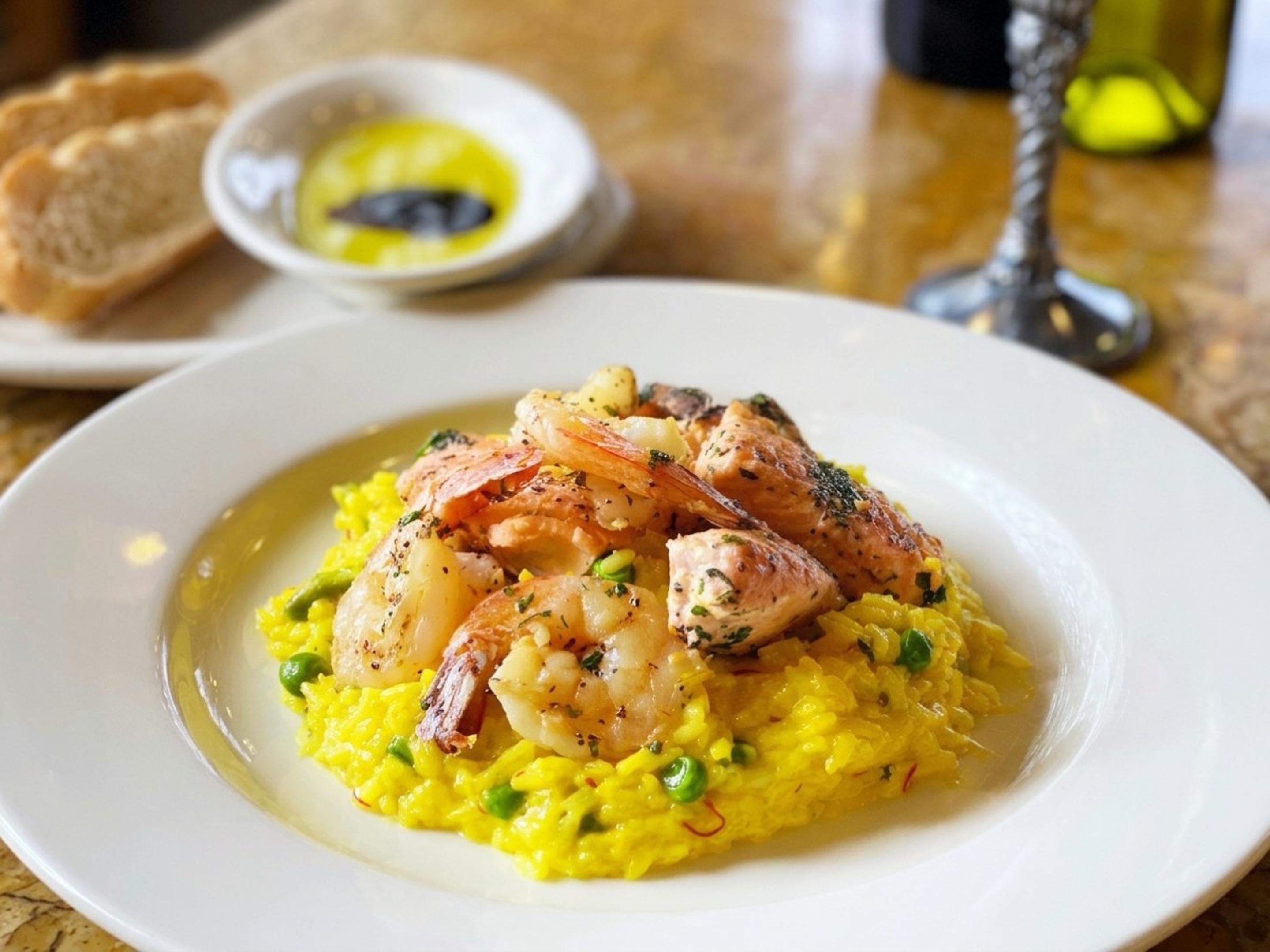Saffron Risotto With Jumbo Pan Roasted Shrimp, Grilled Salmon and Artichokes