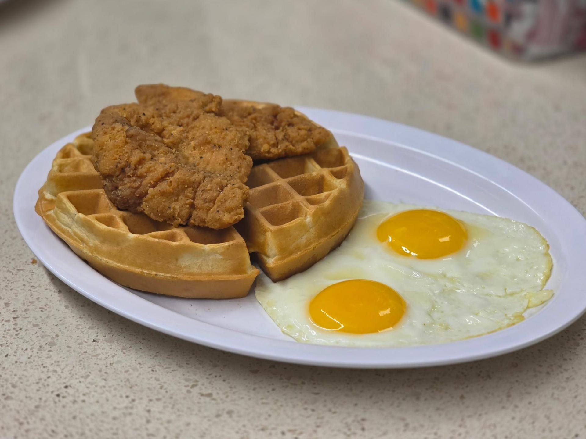 chicken and waffle with eggs