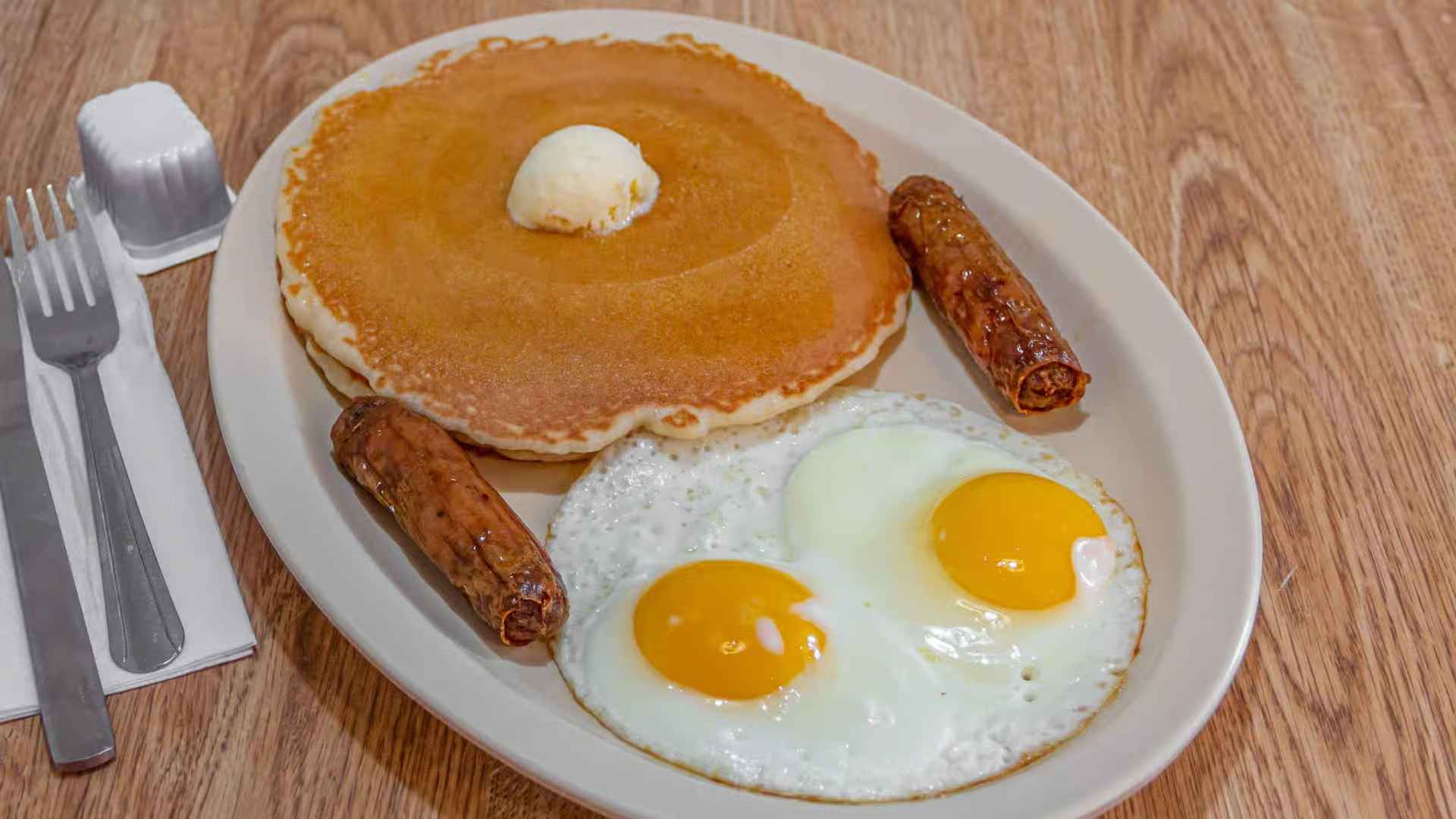 #2 Two Eggs, 2 Hotcakes, 2 Bacon or Sausage