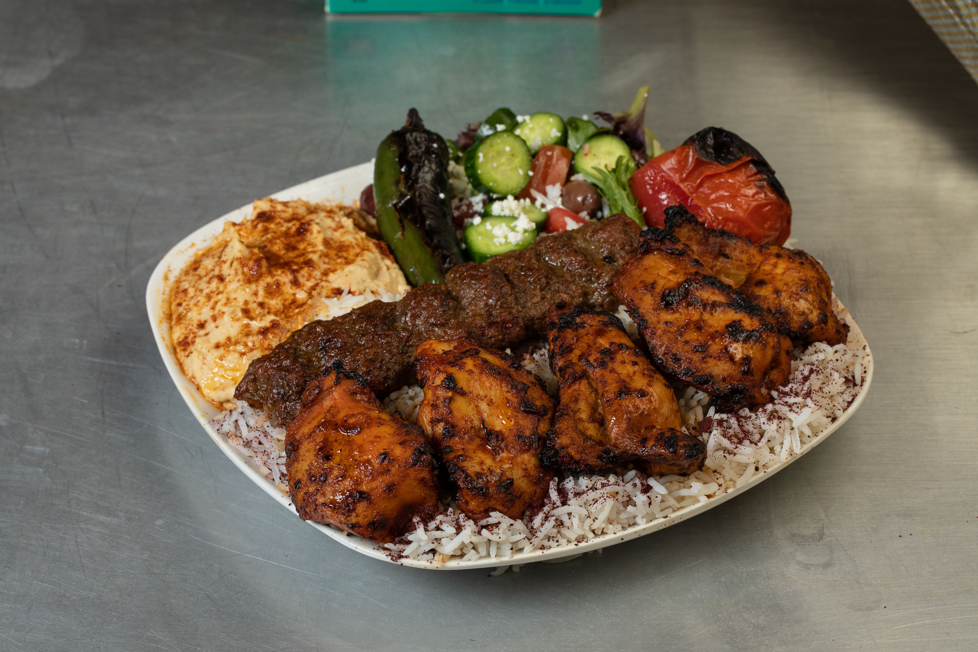 Chicken Leg Meat and Ground Beef Kabob Plate